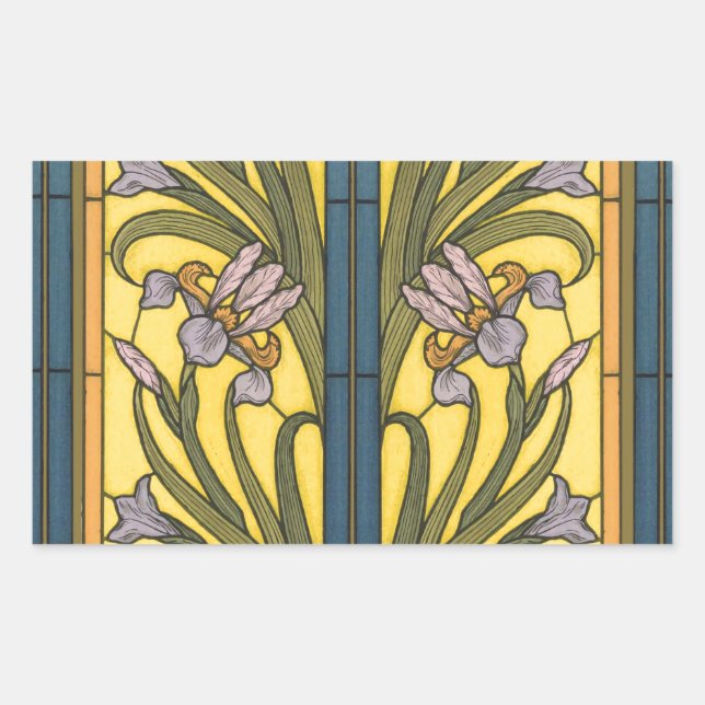 Sticker Rectangulaire Iris Fleur Art Nouveau Vitrail Bleu Or (Devant)