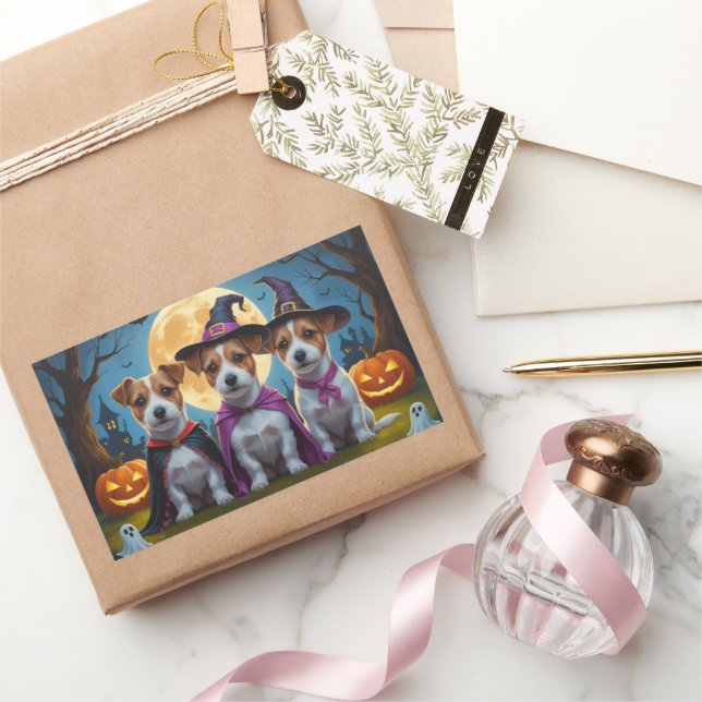 Sticker Rectangulaire Jack Russell Chiens Citrouille Halloween Drôle (Cadeaux)