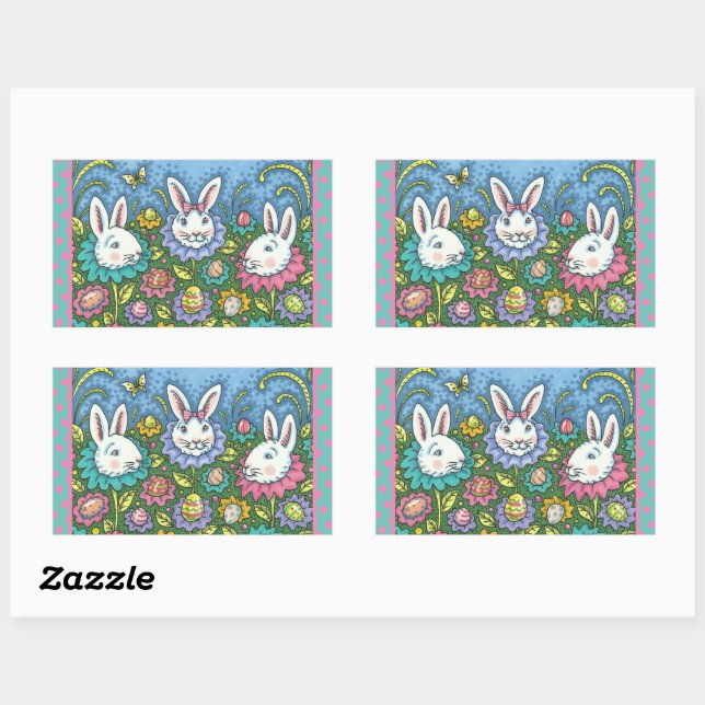 STICKER RECTANGULAIRE JARDIN D'OEUFS DE PÂQUES BLANCS, FLEURS DE RABBIT  (Feuille)