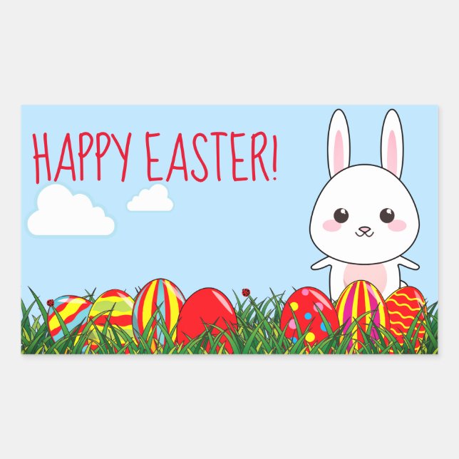 Sticker Rectangulaire Joli lapin de Pâques et oeufs sur l'herbe (Devant)