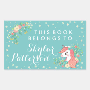 Sticker Rectangulaire Jolie Unicorne Florale Ce Livre Appartient À