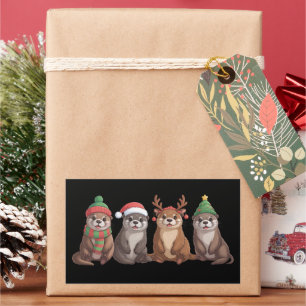 Sticker Rectangulaire Jolies loutres de Noël lumières de Noël drôles ani