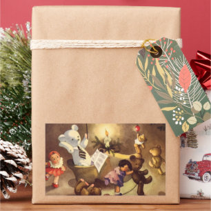 Sticker Rectangulaire Jouets de Noël Vintage, Poupées dansantes, Nounour