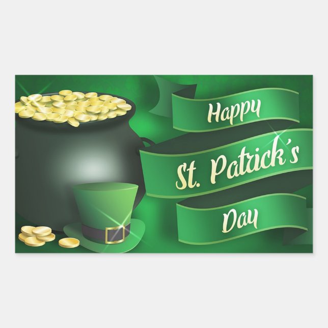 Sticker Rectangulaire Joyeuse St Patrick's Day avec Pot of Gold (Devant)