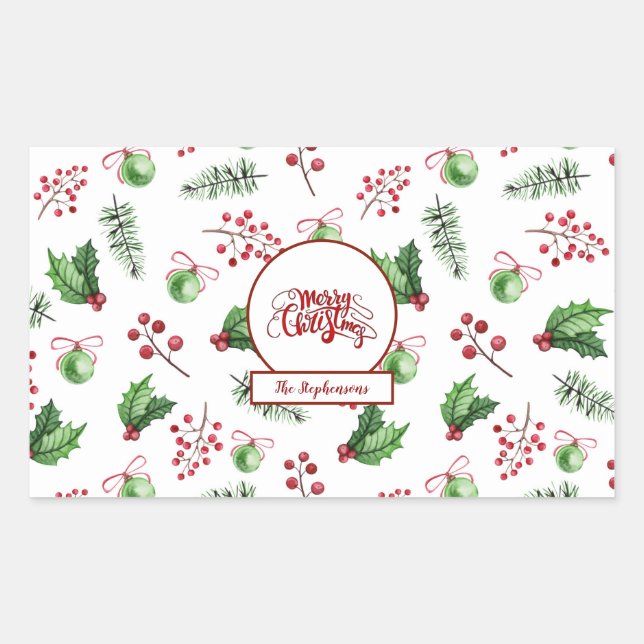 Sticker Rectangulaire Joyeuses boules de Noël Holly Berries Pine Monogra (Devant)