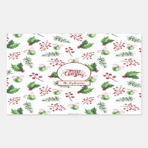 Sticker Rectangulaire Joyeuses boules de Noël Holly Berries Pine Monogra