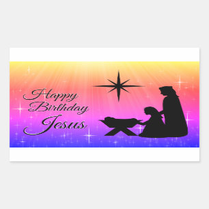 Sticker Rectangulaire Joyeux anniversaire Jésus, Nativité de Noël