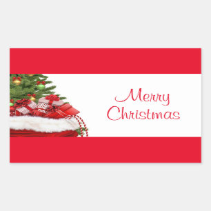 Sticker Rectangulaire Joyeux Arbre De Noël Et Cadeaux Modèle Personnal