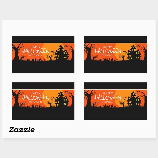 Sticker Rectangulaire Joyeux Halloween (Happy Halloween sticker capturing the eerie atmosphere, of the haunted house!)