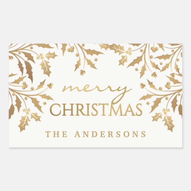 Sticker Rectangulaire Joyeux Noël Gold Shimmer Holly Branches (Devant)