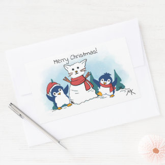 Sticker Rectangulaire Joyeux Noël Manchots construisant un chat de neige