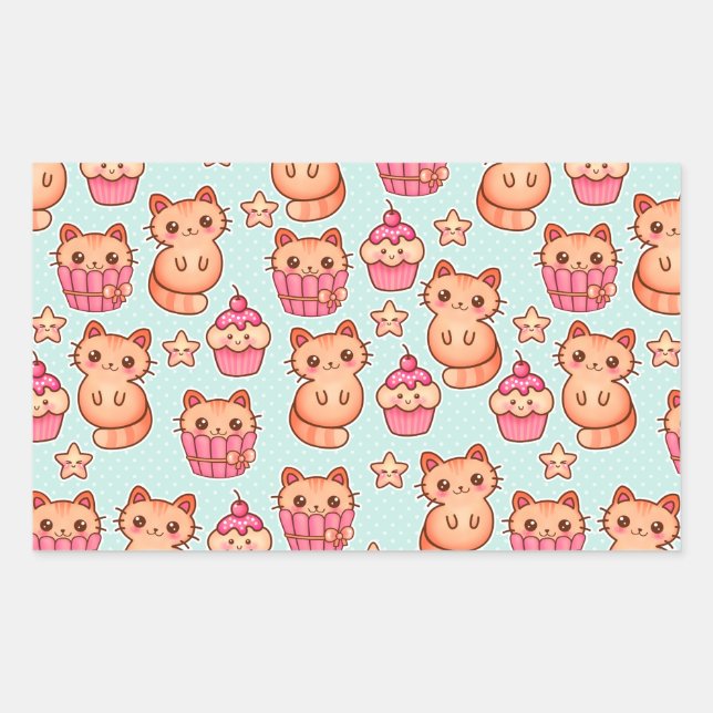 Sticker Rectangulaire Kawaii Cute Cats Cupcakes Motif rose et bleu (Devant)