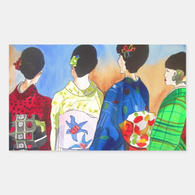 Sticker Rectangulaire Kimono de printemps japonais Geisha art (Devant)