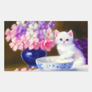 Sticker Rectangulaire Kitten blanc vintage avec ruban violet