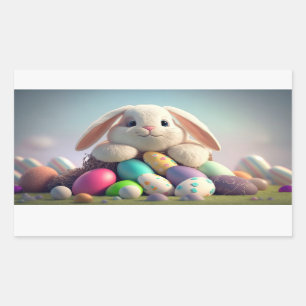 Sticker Rectangulaire Lapin de Pâques avec oeufs de Pâques