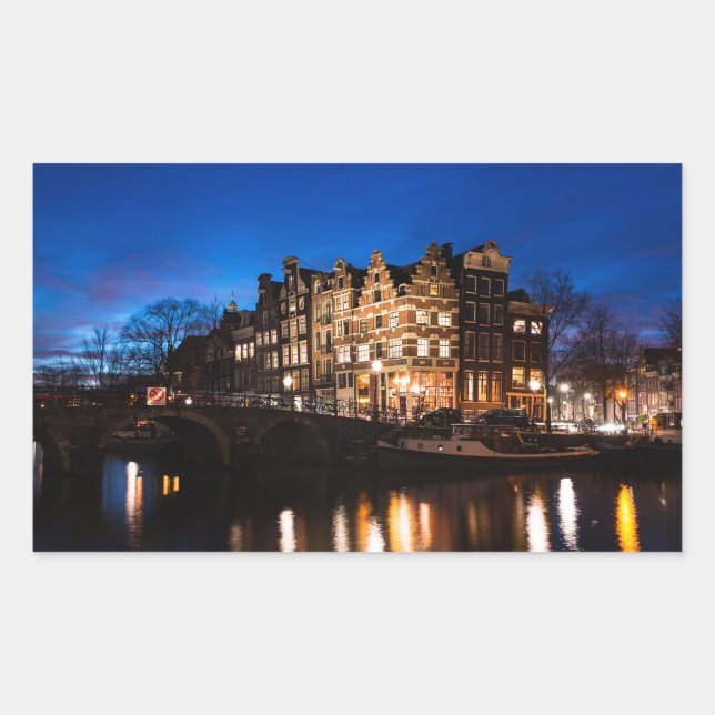 Sticker Rectangulaire Les maisons du canal d'Amsterdam la nuit (Devant)