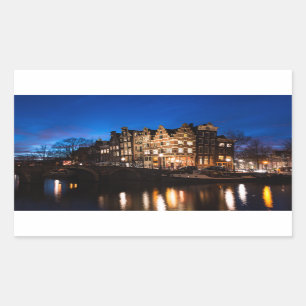 Sticker Rectangulaire Les maisons du canal d'Amsterdam la nuit