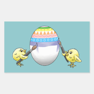 Sticker Rectangulaire Les poussins de Pâques peignent l'œuf de Pâques