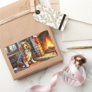 Sticker Rectangulaire Lévrier Afghan cheminée avec lumières de Noël