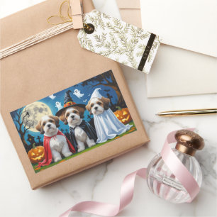 Sticker Rectangulaire Lhasa Apso Chiens Citrouille Halloween Funny