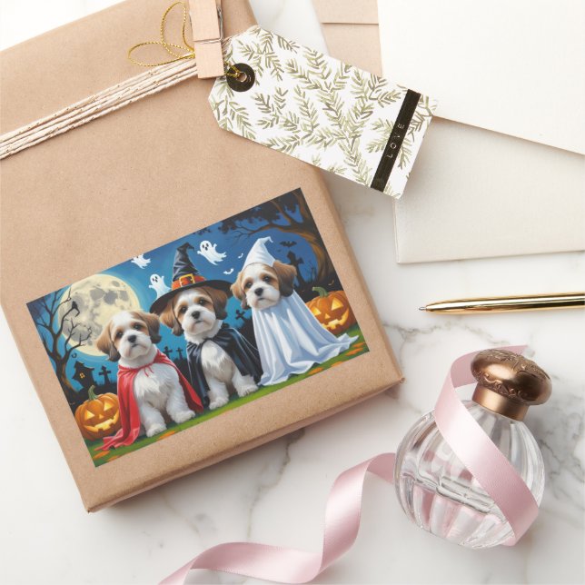 Sticker Rectangulaire Lhasa Apso Chiens Citrouille Halloween Funny (Cadeaux)