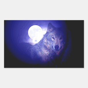 Sticker Rectangulaire Loup, Lune et Nuit Bleue