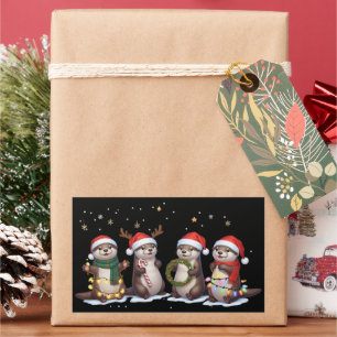 Sticker Rectangulaire Loutres de Noël mignonnes avec chapeaux de Père No