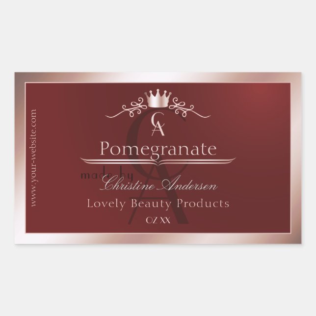 Sticker Rectangulaire Luxury Red Product Label Rose Gold Frame Monogram (Devant)