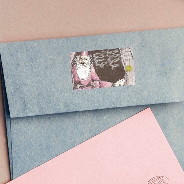 Sticker Rectangulaire Magique Ancien Assistant Elfe Magique Wand Star (Old wizard in pink robe with ferret star wand in cave on rectangle stickers.)