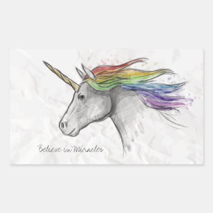 Sticker Rectangulaire Main Tirée Magique Unicorne. Crois en Miracles.