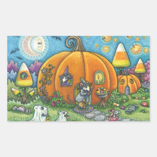 STICKER RECTANGULAIRE MAISON DE SOURIS, TRICK OU TRAITEMENT BALLES HALLO (Devant)