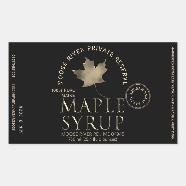Sticker Rectangulaire MAPLE SYRUP Réserve privée Gold Leaf Date de récol (Devant)