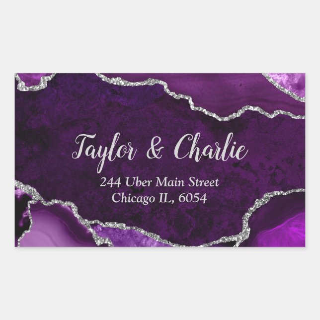 Sticker Rectangulaire Marbre Agate Faux Paillettes Violet et Argent (Devant)