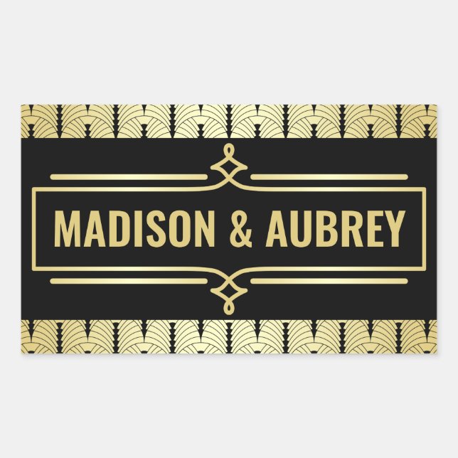 Sticker Rectangulaire Mariage Art Déco Favoriser Votre Nom Gold Black Ga (Devant)
