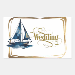 Sticker Rectangulaire Mariage Bateau Naïutique Or et Navy Cadre Doré