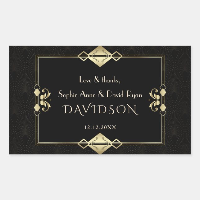 Sticker Rectangulaire Mariage des années 1920 de luxe Royal Gold Black A (Devant)