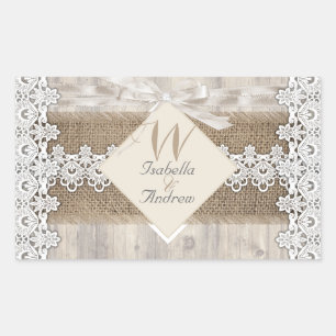 Sticker Rectangulaire Mariage Rustique Beige Blanc Dentelle Bois Toile d