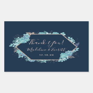 Sticker Rectangulaire Marine Blue Succulents et Rose Mariage or Merci