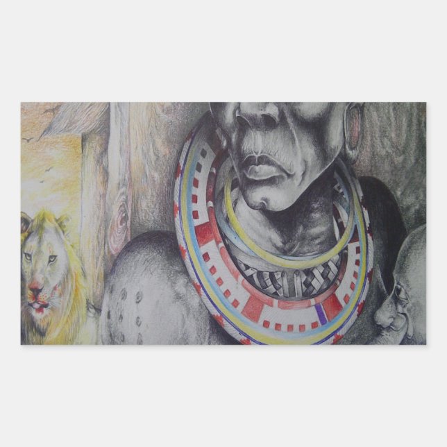 Sticker Rectangulaire Masaï Mère & Enfant avec Lion Art Imprimer/Graphiq (Devant)