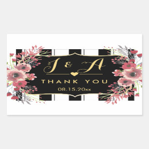 Sticker Rectangulaire Merci d'aquarelle florale à rayures classiques