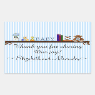 Sticker Rectangulaire Merci en Baby shower rayé bleu mou