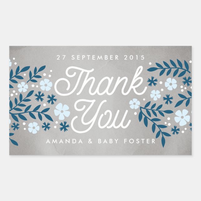 Sticker Rectangulaire Merci Folk Floral Blue Baby shower Favoriser (Devant)