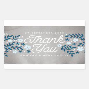 Sticker Rectangulaire Merci Folk Floral Blue Baby shower Favoriser