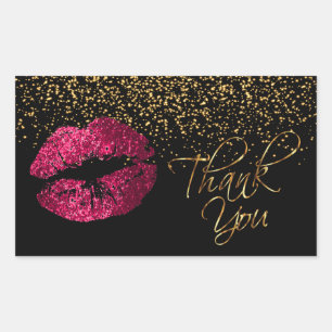Sticker Rectangulaire Merci - Lèvres roses avec Confetti Or