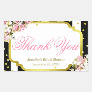 Sticker Rectangulaire Merci - Roses roses roses, rayures et confetti