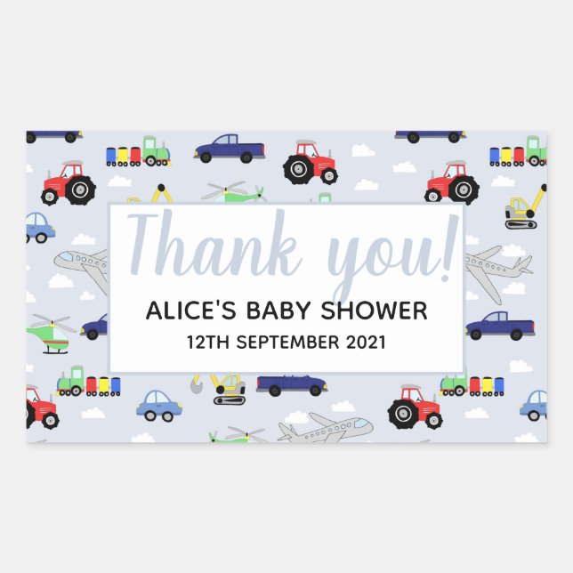 Sticker Rectangulaire Merci Transport Motif Baby shower garçon (Devant)