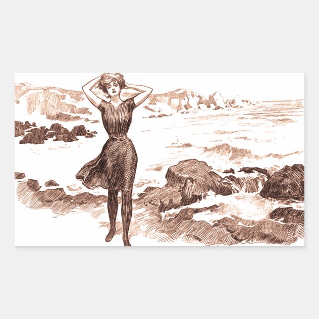 Sticker Rectangulaire Mermaid Beach Gibson Girl Victorian Antique (Devant)