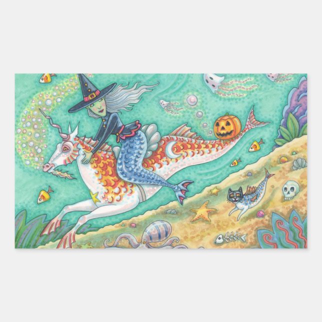 STICKER RECTANGULAIRE MERMAID WITCH, HALLOWEEN MERHORSE IMAGINAIRE STICK (Devant)