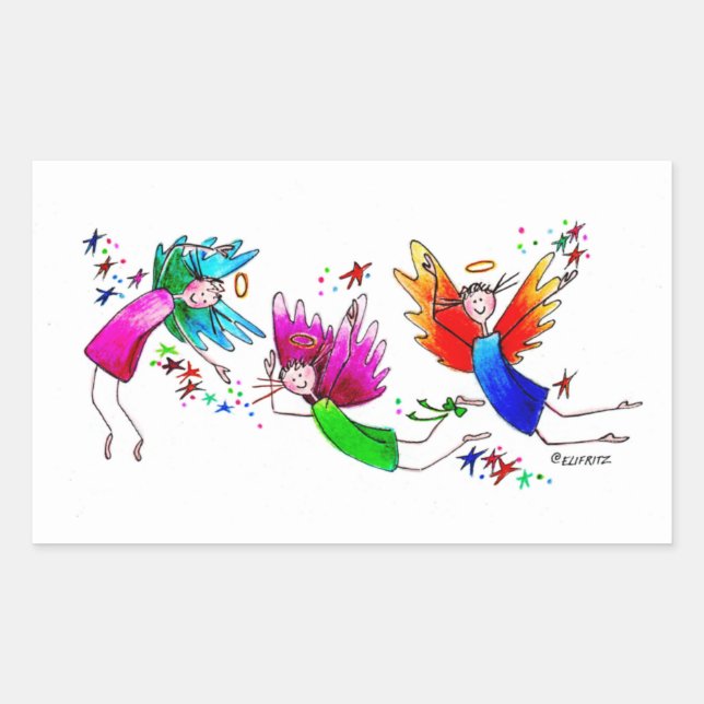 Sticker Rectangulaire Mignons anges Rouge Vert et Bleu Joyeux Aquarelle (Devant)