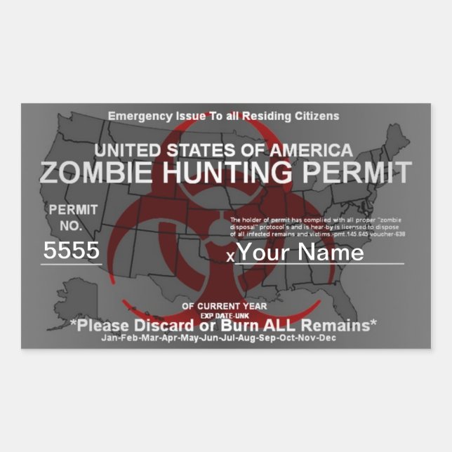 Sticker Rectangulaire Modèle de permis de chasse zombie (rouge sur gris) (Devant)